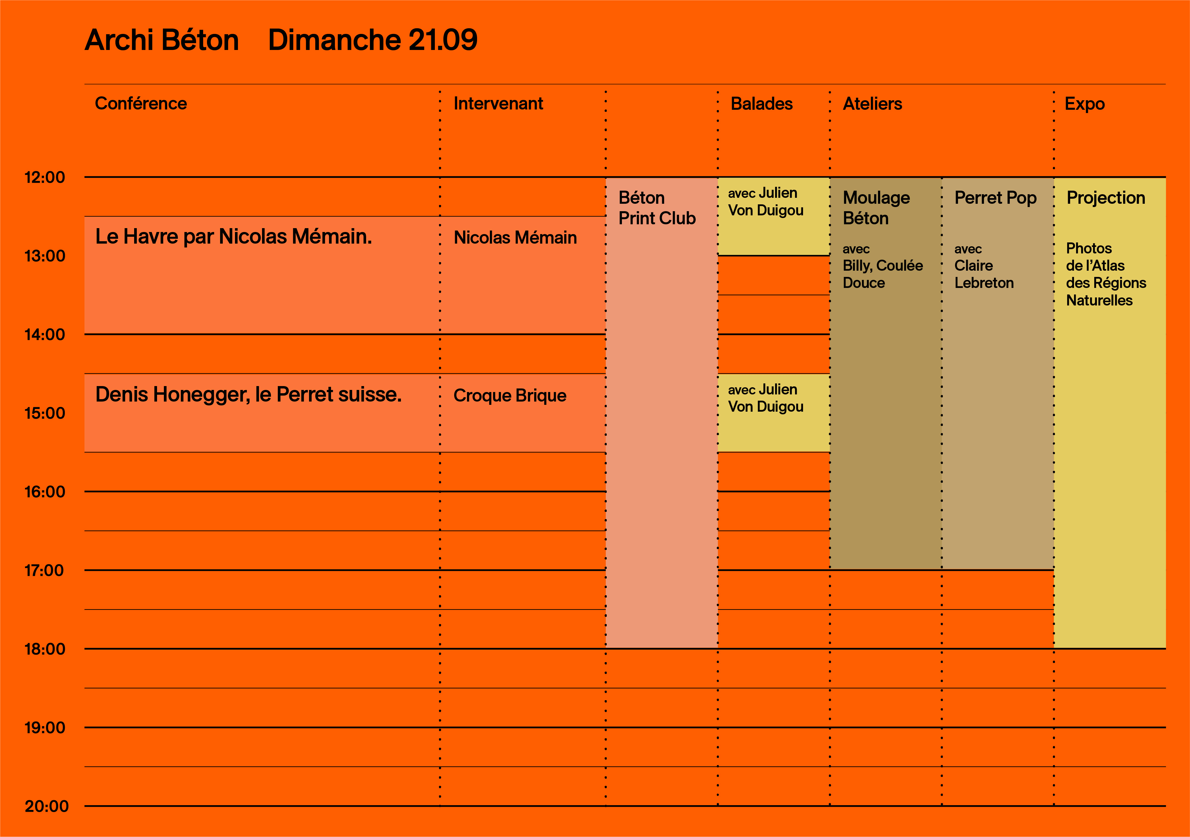 Programme Archi Béton Dimache 21.09 - Planning détaillé des talks, balades, ateliers et expo