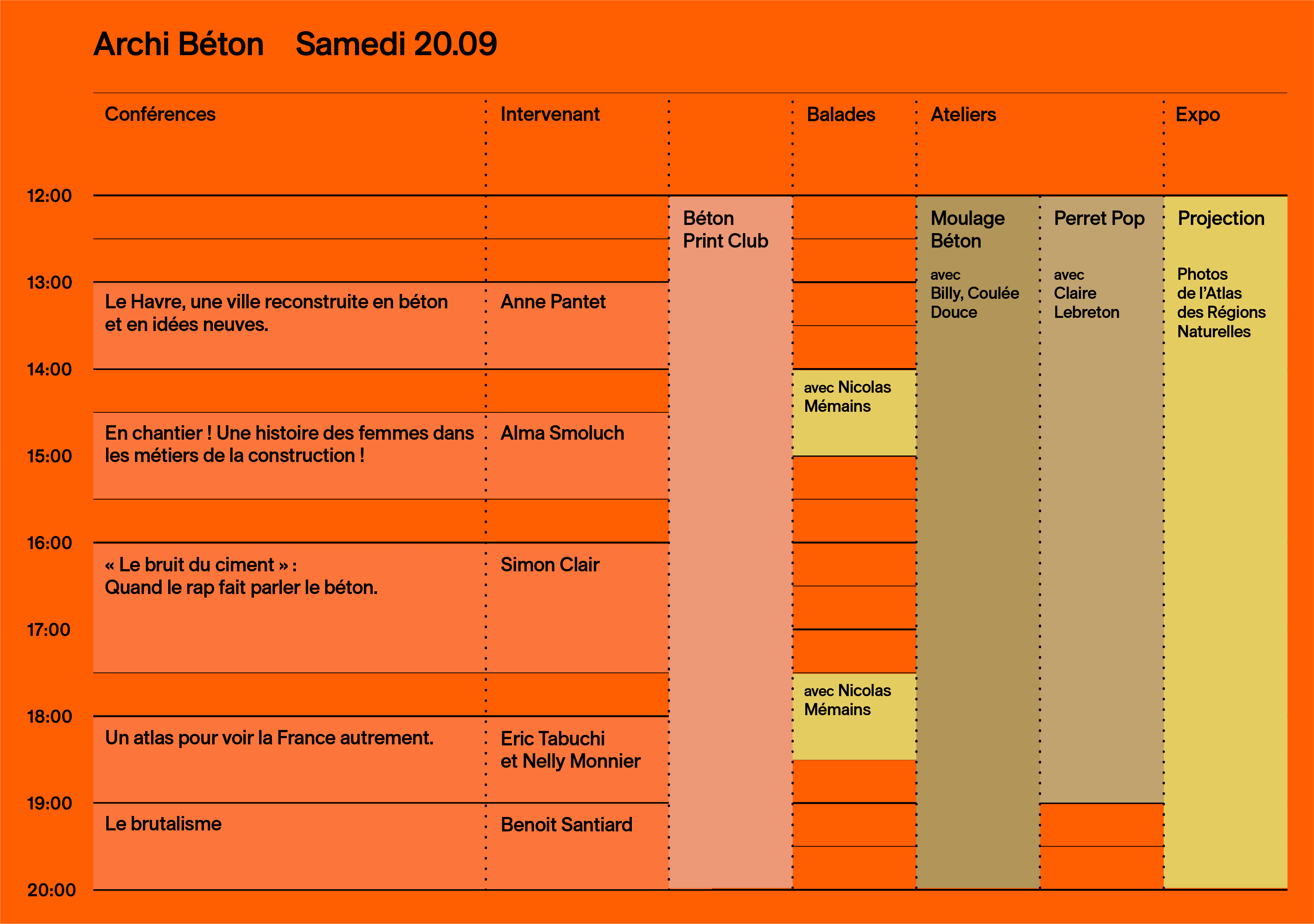 Programme Archi Béton Samedi 20.09 - Planning détaillé des talks, balades, ateliers et expo